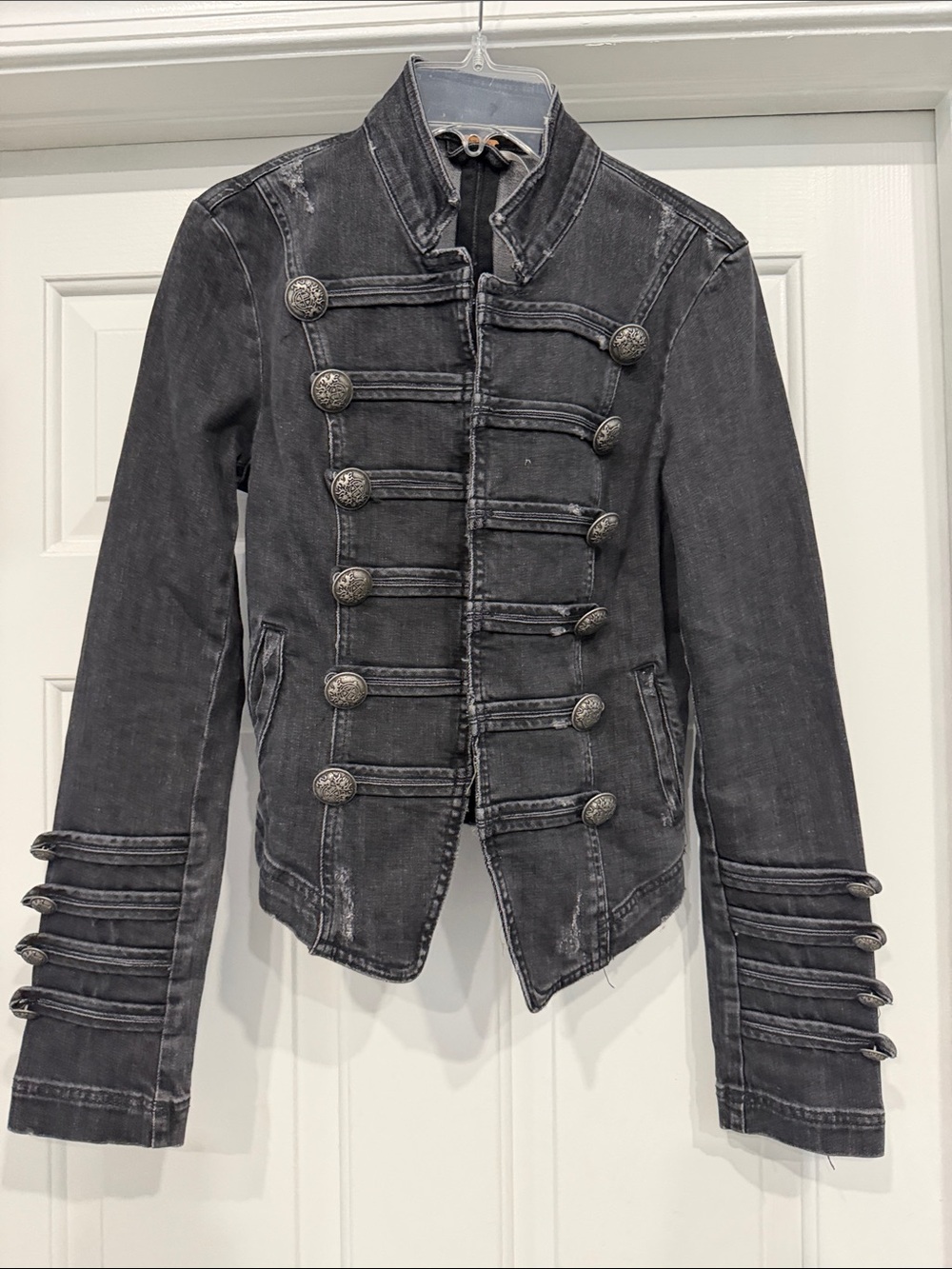 Free People Distressed Black Military-Style Jean Jacket